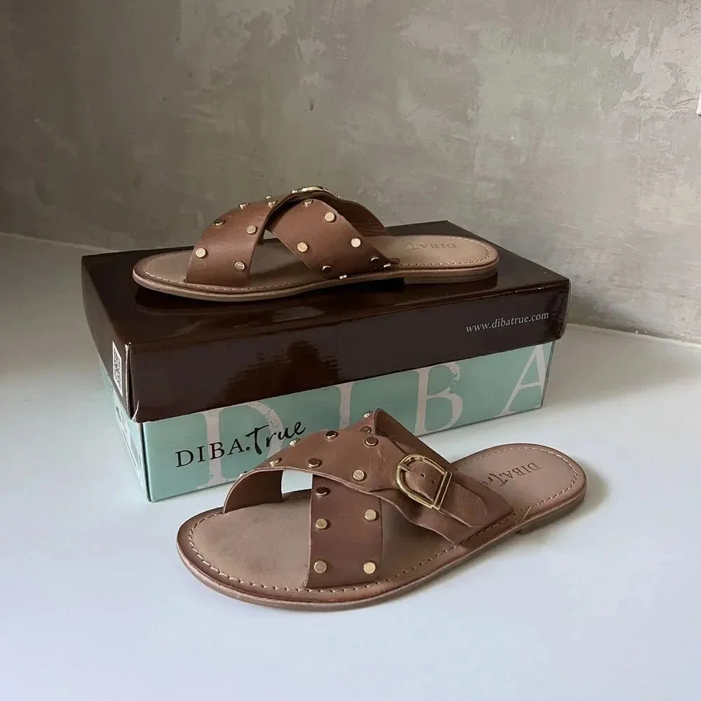 Diba True Leather Sandal 8 Slip On Bohemian Tan Gold‎